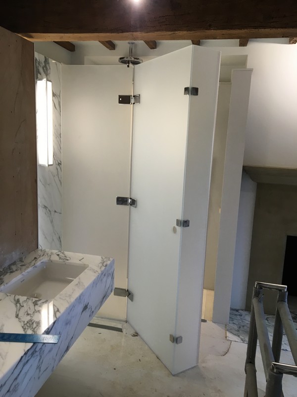 Bespoke frosted glass shower enclosure in Oxford luxury bathroom